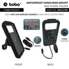 BOBO BM11H PRO PLUS Fully Waterproof Bike Phone Holder with PRO PLUS Vibration Damper (with Fast 15W Wireless Charger & USB-C Input/Output Port) Motorcycle Mobile Mount