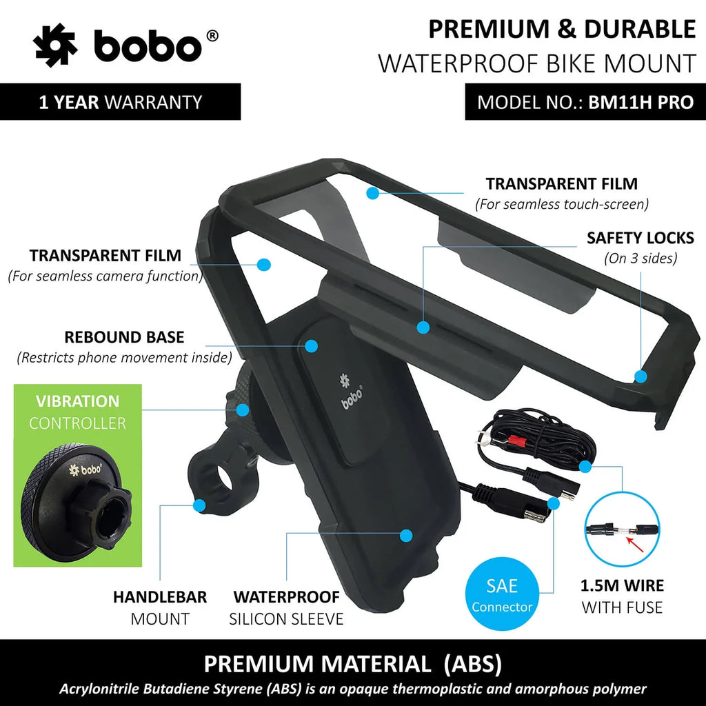 BOBO BM11H PRO PLUS Fully Waterproof Bike Phone Holder with PRO PLUS Vibration Damper (with Fast 15W Wireless Charger & USB-C Input/Output Port) Motorcycle Mobile Mount