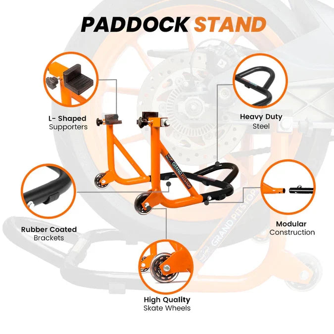 Dismantlable Rear Paddock Stand & Skate Wheels (Bike Wt upto: 450 kgs) - Black-Orange