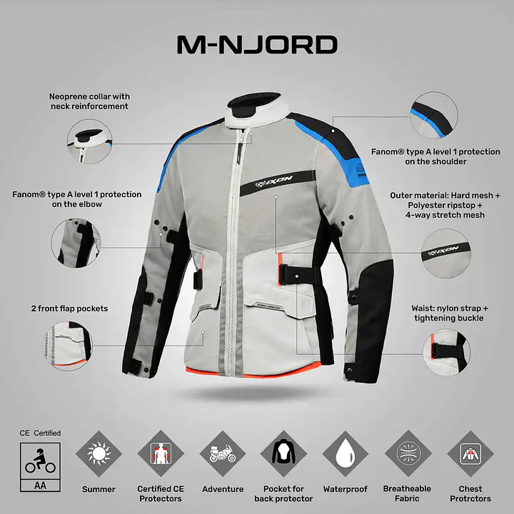 Ixon  |  7121103091  M-Njord Jacket - Light Grey / Blue/ Neon Red - Master